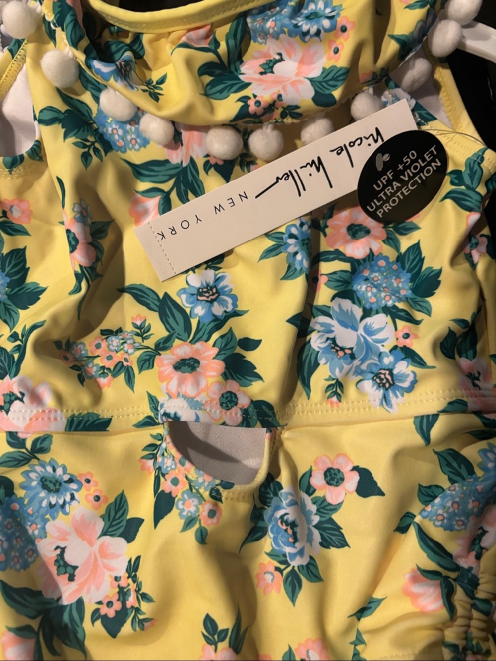 NWT Nicole Miller Yellow Floral Kids One-Piece Swimsuit with Pom-Pom Detail - Picture 4 of 5